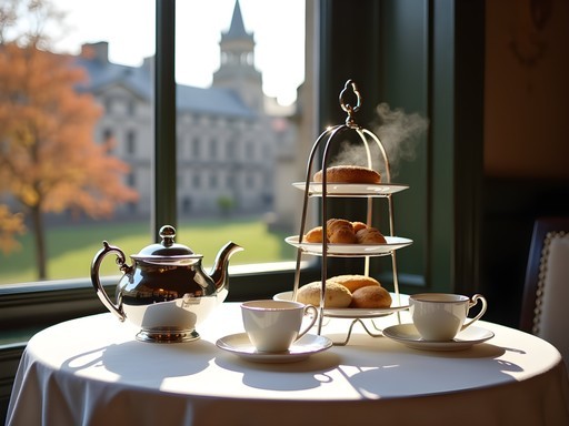 Elegant afternoon tea setting by Edinburgh window with autumn view