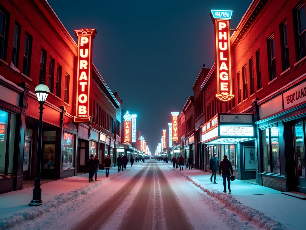 Historic neon signs illuminating Whyte Avenue in Edmonton at night with winter atmosphere