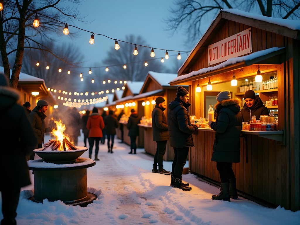 Edmonton winter night market with food vendors, fire pits, and locals enjoying outdoor dining despite cold