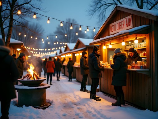 Edmonton winter night market with food vendors, fire pits, and locals enjoying outdoor dining despite cold