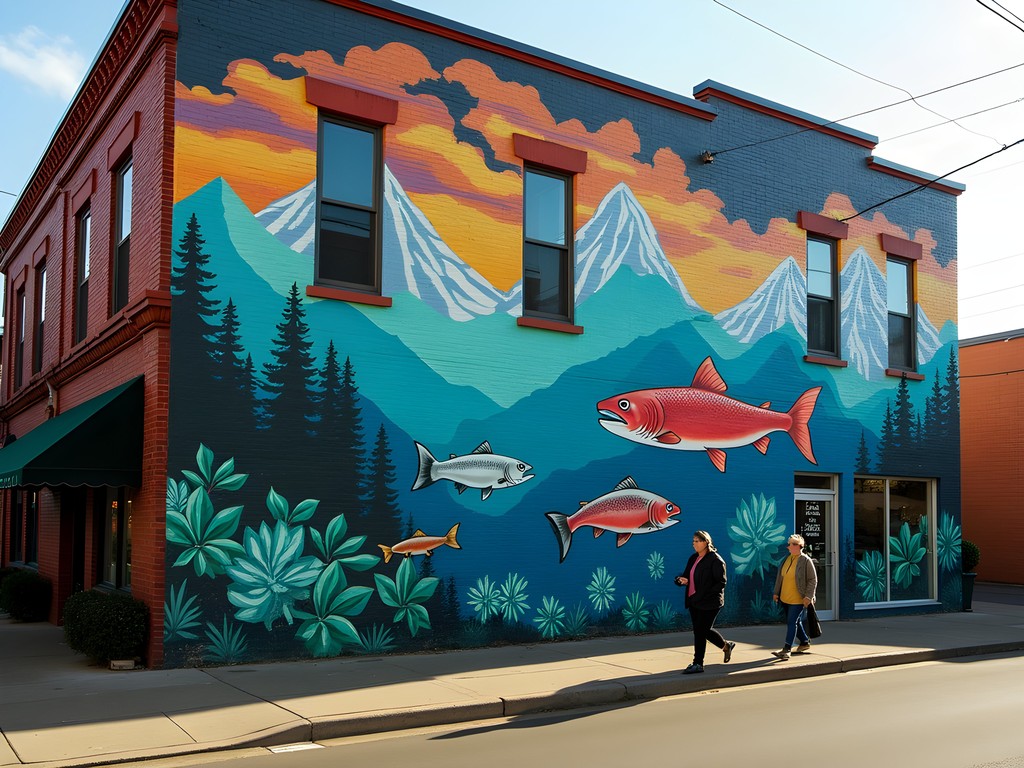 Vibrant street art mural in downtown Eugene depicting local ecology and culture