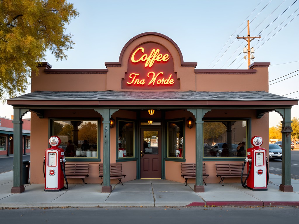Converted gas station coffee shop in Fernley Nevada with vintage signage