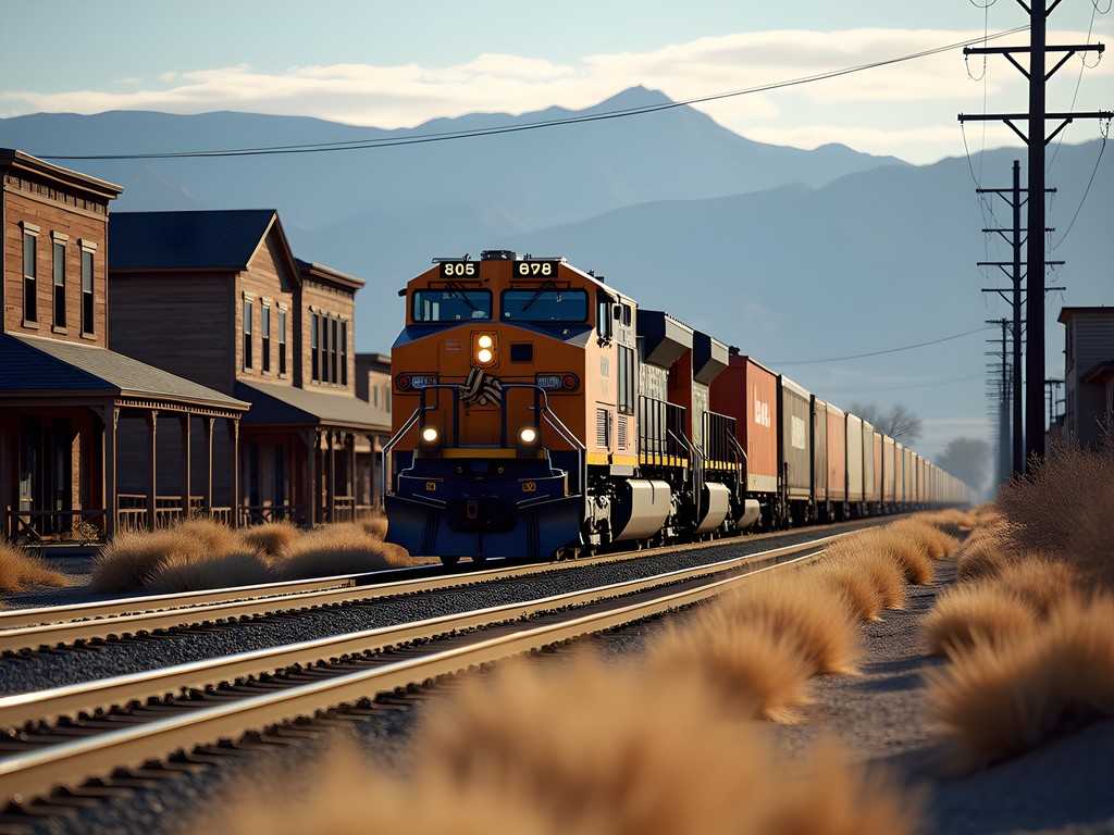 Freight train passing through Fernley Nevada with desert landscape and historic buildings