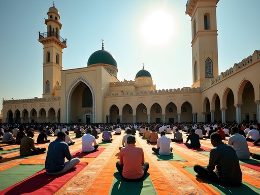Grand Mosque in Garoua during Friday prayers with worshippers gathered outside