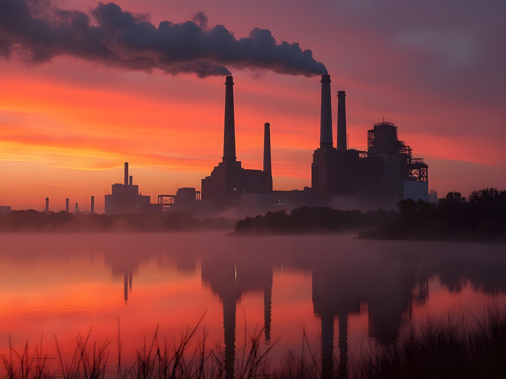 Silhouette of Gary Works steel mill at dawn with dramatic sky and lake