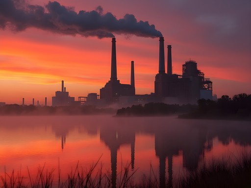 Silhouette of Gary Works steel mill at dawn with dramatic sky and lake