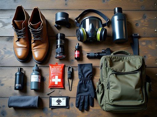 Essential urban exploration gear layout including boots, headlamp, respirator, and water bottle