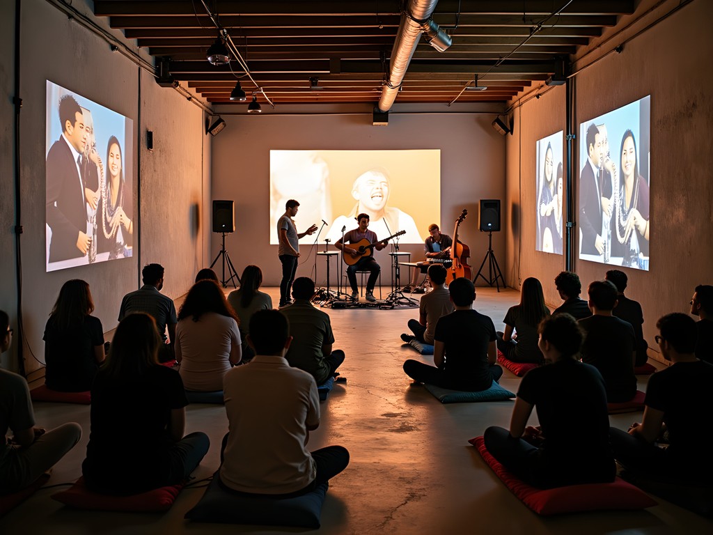 Nighttime experimental art performance in George Town warehouse space