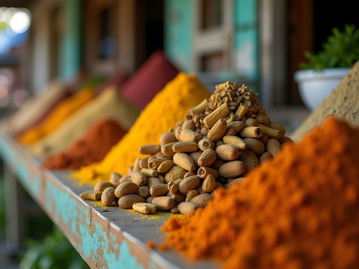 Colorful spice display at Georgetown's Saturday market in Saint Vincent