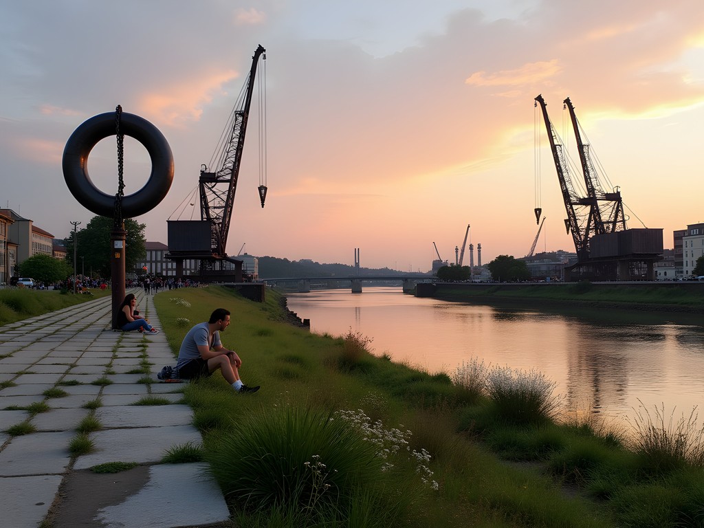 Repurposed industrial structures along the Mur River at sunset in Graz's Lendhafen area