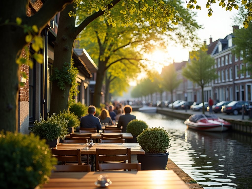 Canal-side café in Haarlem with outdoor seating and historic Dutch architecture