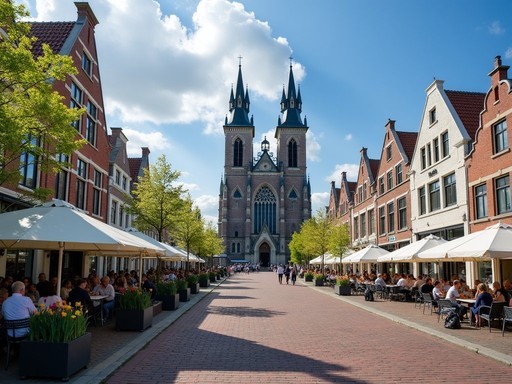 Haarlem's historic Grote Markt square with outdoor cafes and the Gothic St. Bavo's Church in spring