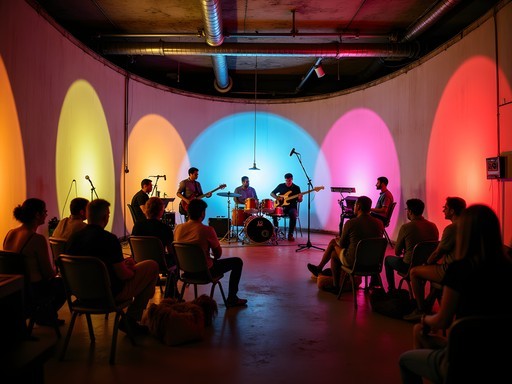 Evening jazz performance in El Tanque community art space with projections on circular walls