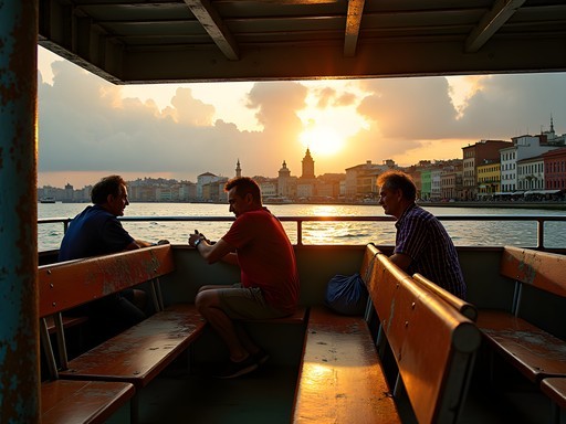 View from the Havana harbor ferry showing the city skyline at sunset with locals commuting