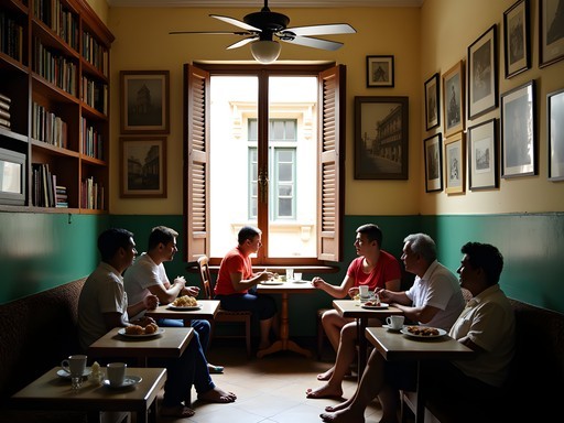 Interior of hidden local café in Centro Habana showing vintage decor and Cuban patrons