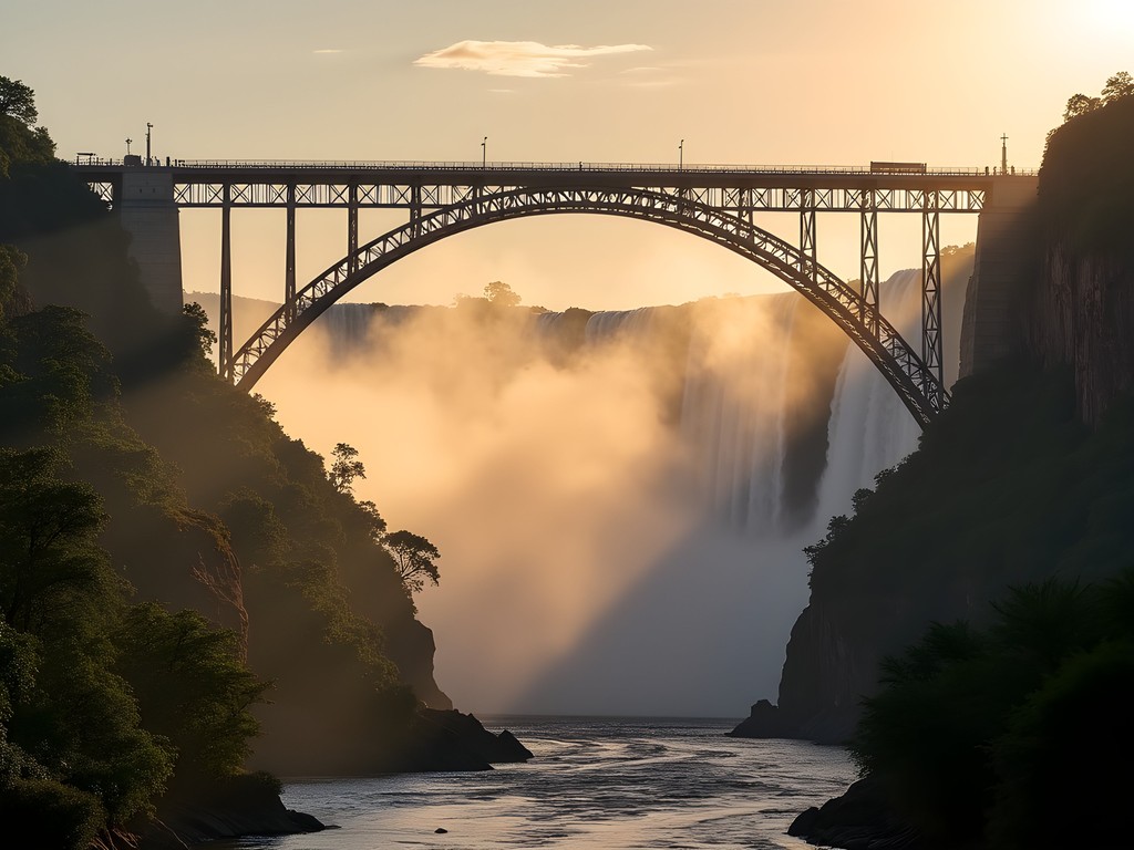 Victoria Falls Bridge spanning the Zambezi gorge with mist from falls