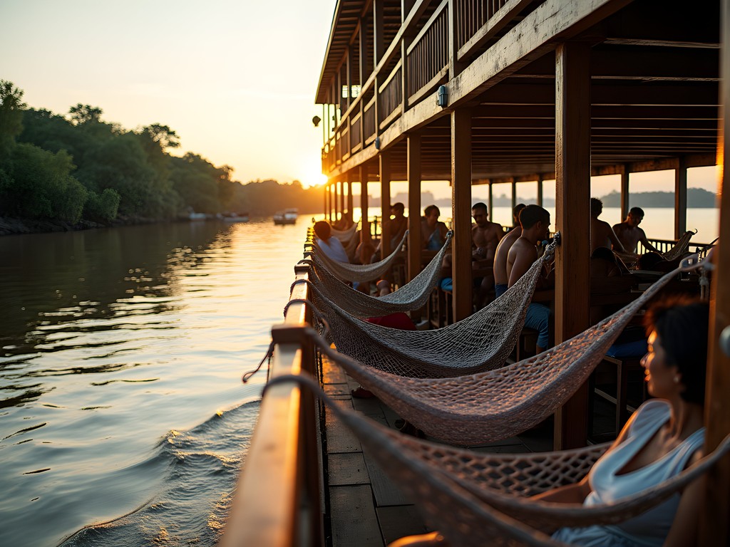 Traditional cargo boat traveling the Amazon River toward Iquitos