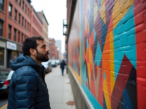 African American man examining colorful street mural in Jersey City