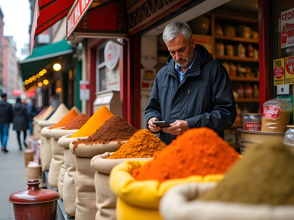 African American man exploring colorful spice displays in India Square, Jersey City