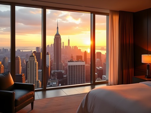 Hotel room in Jersey City with panoramic Manhattan skyline view at sunrise