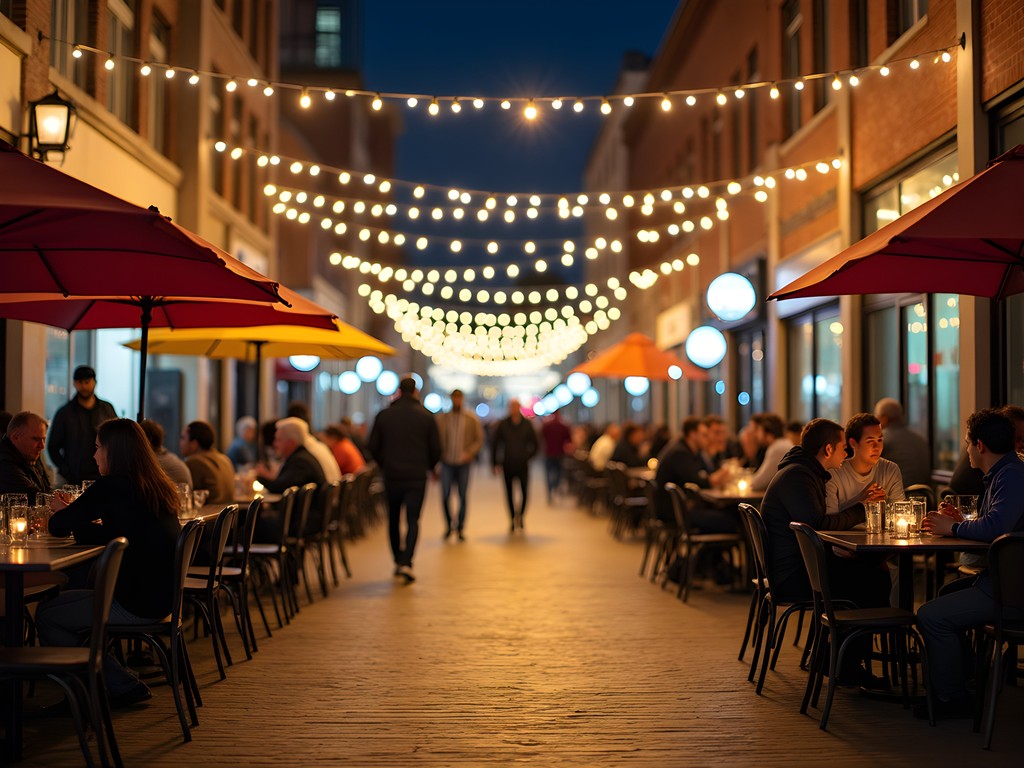 Bustling nightlife scene on Newark Avenue Pedestrian Plaza in Jersey City