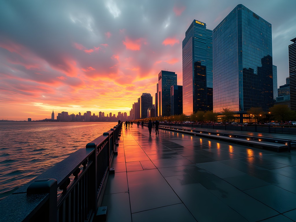 Jersey City waterfront skyline with Manhattan view at sunset