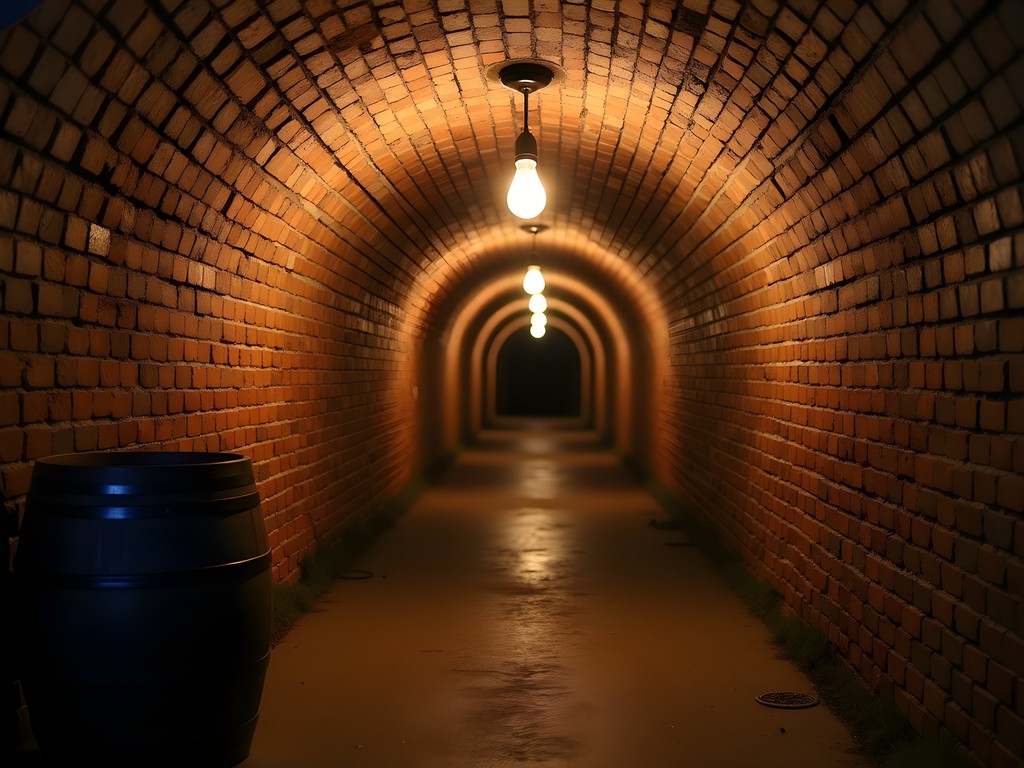 Hidden underground speakeasy tunnel in Kansas City with vintage lighting