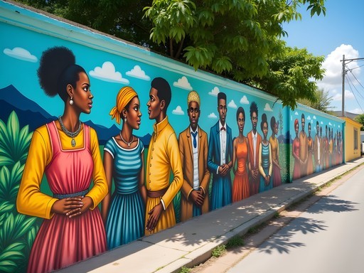 Vibrant community mural in Liberta depicting emancipation history and cultural heritage