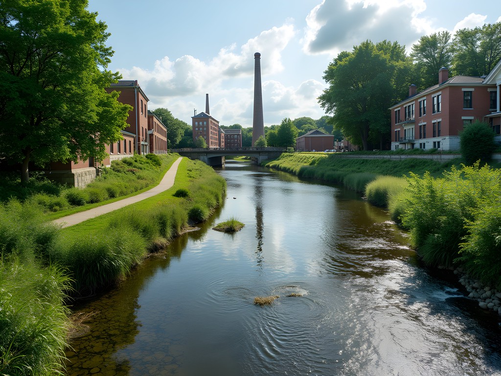 Restored Black River waterfront in Lorain with industrial structures and natural habitat
