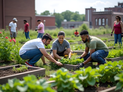 Community garden in Lorain with diverse volunteers working together among vegetables and flowers