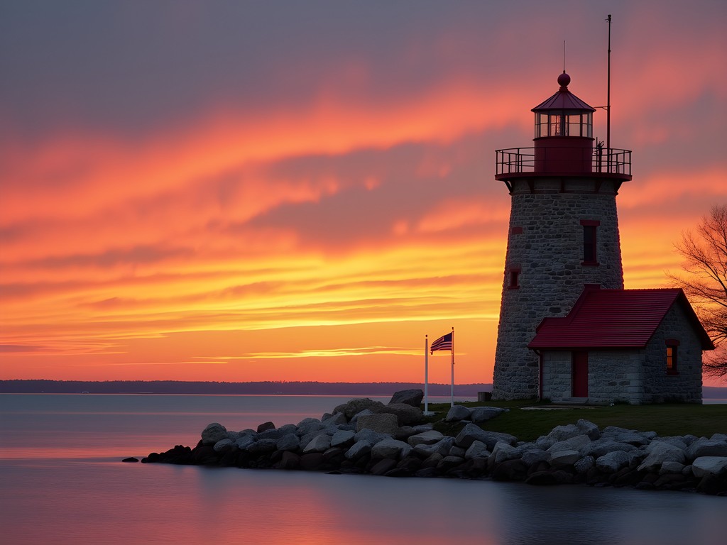 Historic Lorain Lighthouse at sunset with Lake Erie waters reflecting orange and pink sky