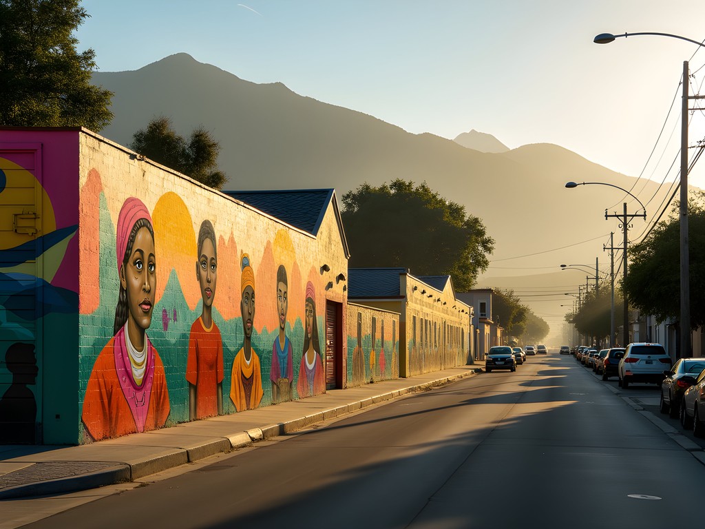 Colorful mural in Highland Park illuminated by early morning light with misty mountains in background