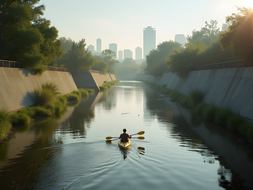 Person kayaking on the Los Angeles River through Frogtown with urban landscape and greenery