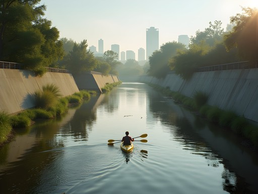 Person kayaking on the Los Angeles River through Frogtown with urban landscape and greenery