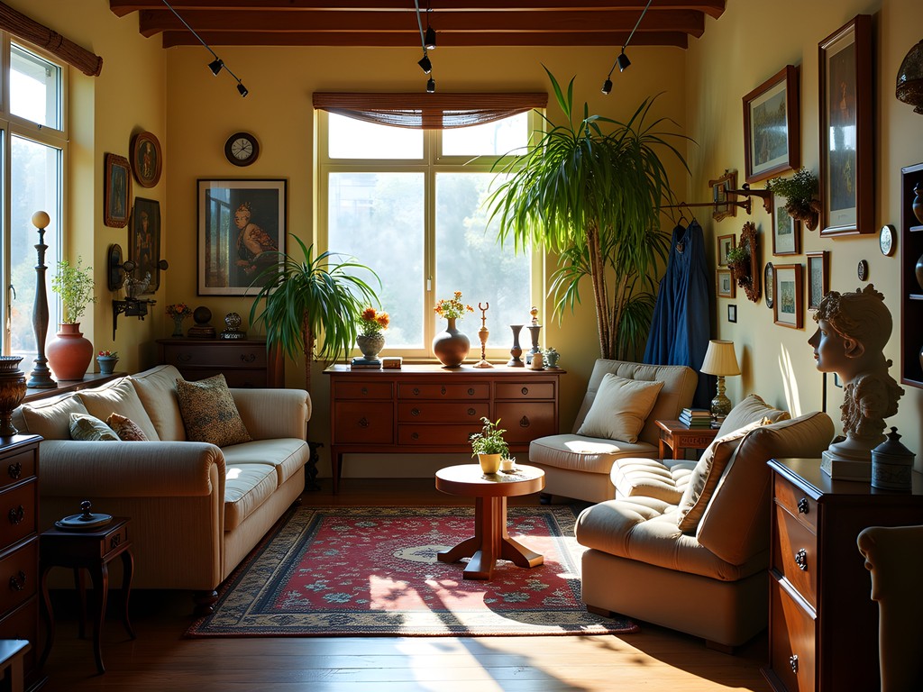 Interior of a North Hollywood vintage store with mid-century furniture and architectural salvage in warm lighting