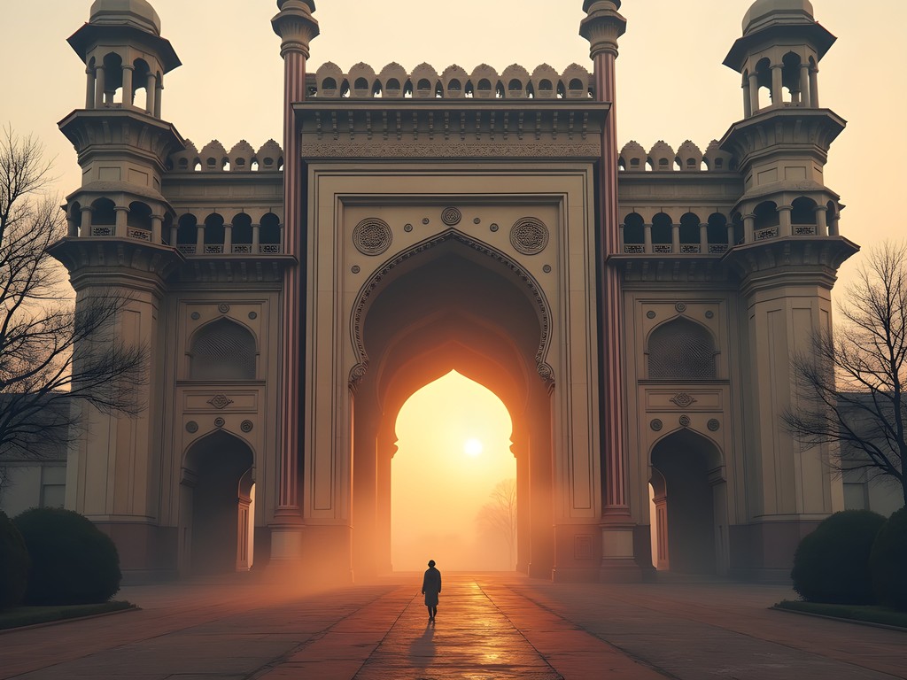Rumi Darwaza gateway in morning light with visible sound waves illustration