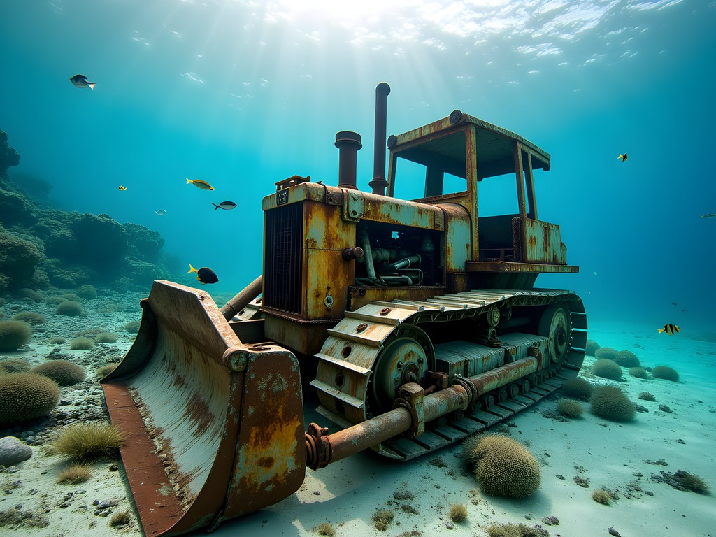 Underwater view of WWII bulldozer covered in coral at Million Dollar Point in Luganville
