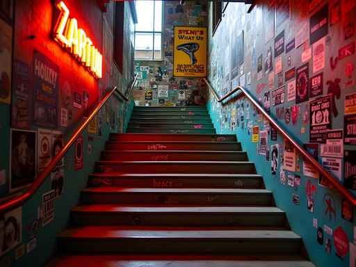 Colorful graffiti covered stairwell inside Afflecks Palace Manchester with vintage posters and alternative culture aesthetic
