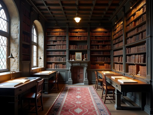 Historic medieval reading room at Chethams Library Manchester with wooden bookcases and chained books