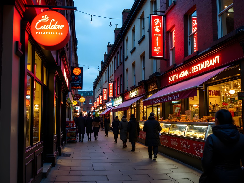 Vibrant Curry Mile in Rusholme Manchester with colorful restaurant signs and evening street life