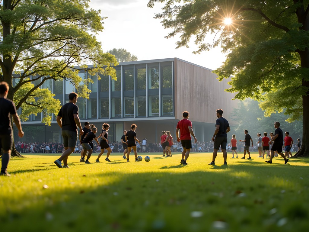 Casual football match in Whitworth Park Manchester with modern art gallery building in background