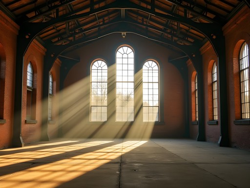 Sunlight streaming through windows of the historic B&O Roundhouse in Martinsburg