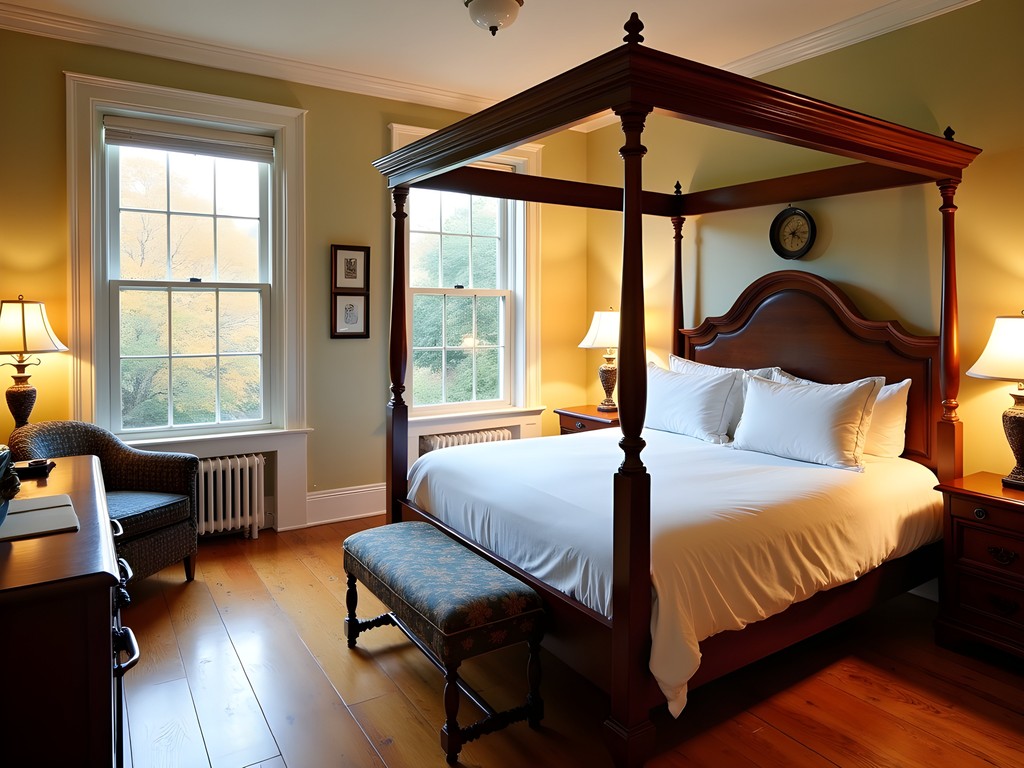 Charming bedroom in a historic Martinsburg inn with period furnishings and autumn view