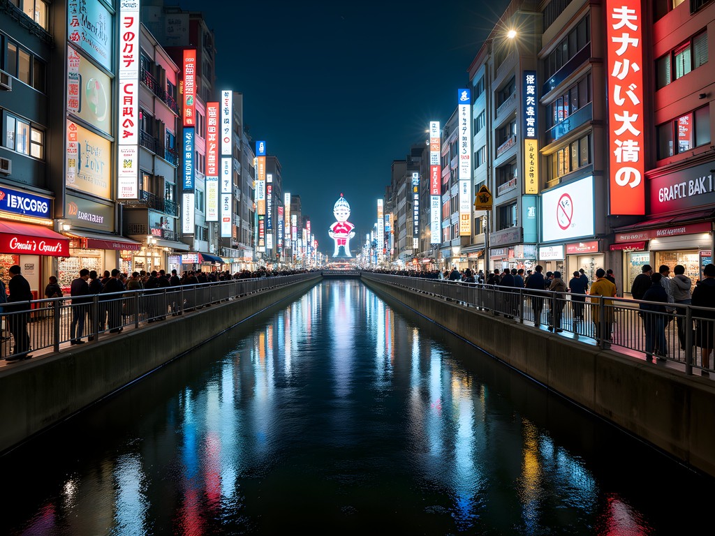 Vibrant night scene of Dotonbori canal in Osaka with neon signs reflecting on water