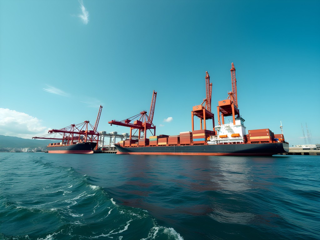 Industrial port facilities of Osaka Bay with container ships and cranes