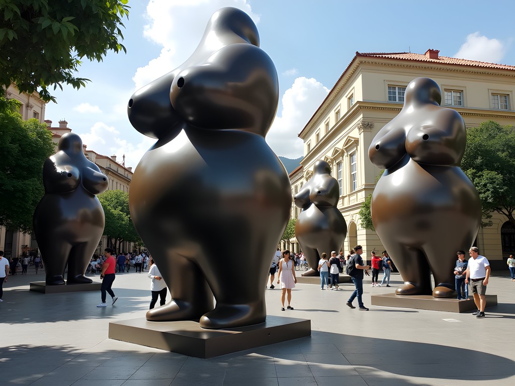Leah Clark examining Botero sculptures in downtown Medellín