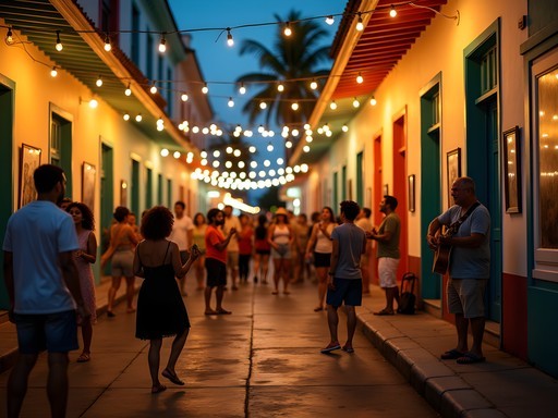 Evening scene at Calle Ocho Art Walk in Little Havana with live music and gallery visitors