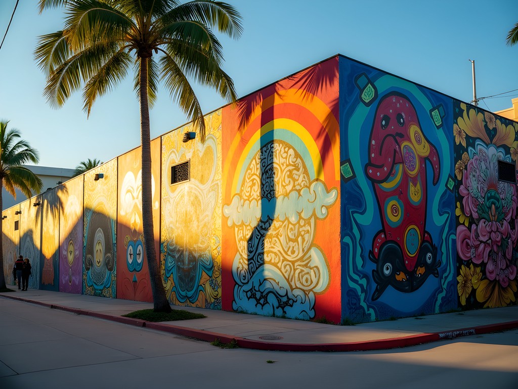Colorful street murals in Wynwood Arts District, Miami, with morning light