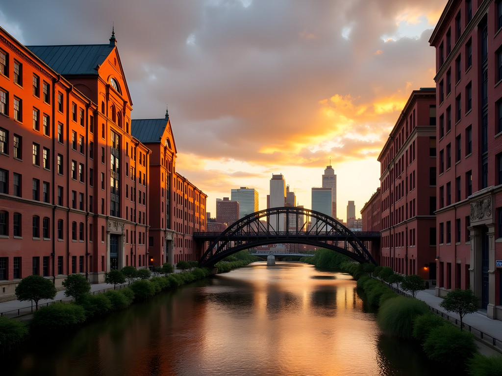 Stone Arch Bridge and Minneapolis Mill District at sunset with golden light on historic buildings