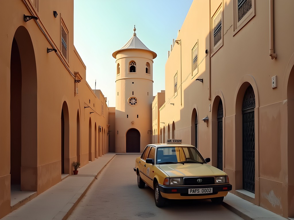 Traditional taxi parked beside ornate wind tower in Muharraq's historic district